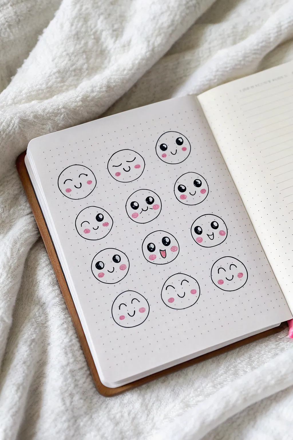 Practice kawaii face basics with simple eyes, tiny mouths, rosy cheeks, and cute expressions.