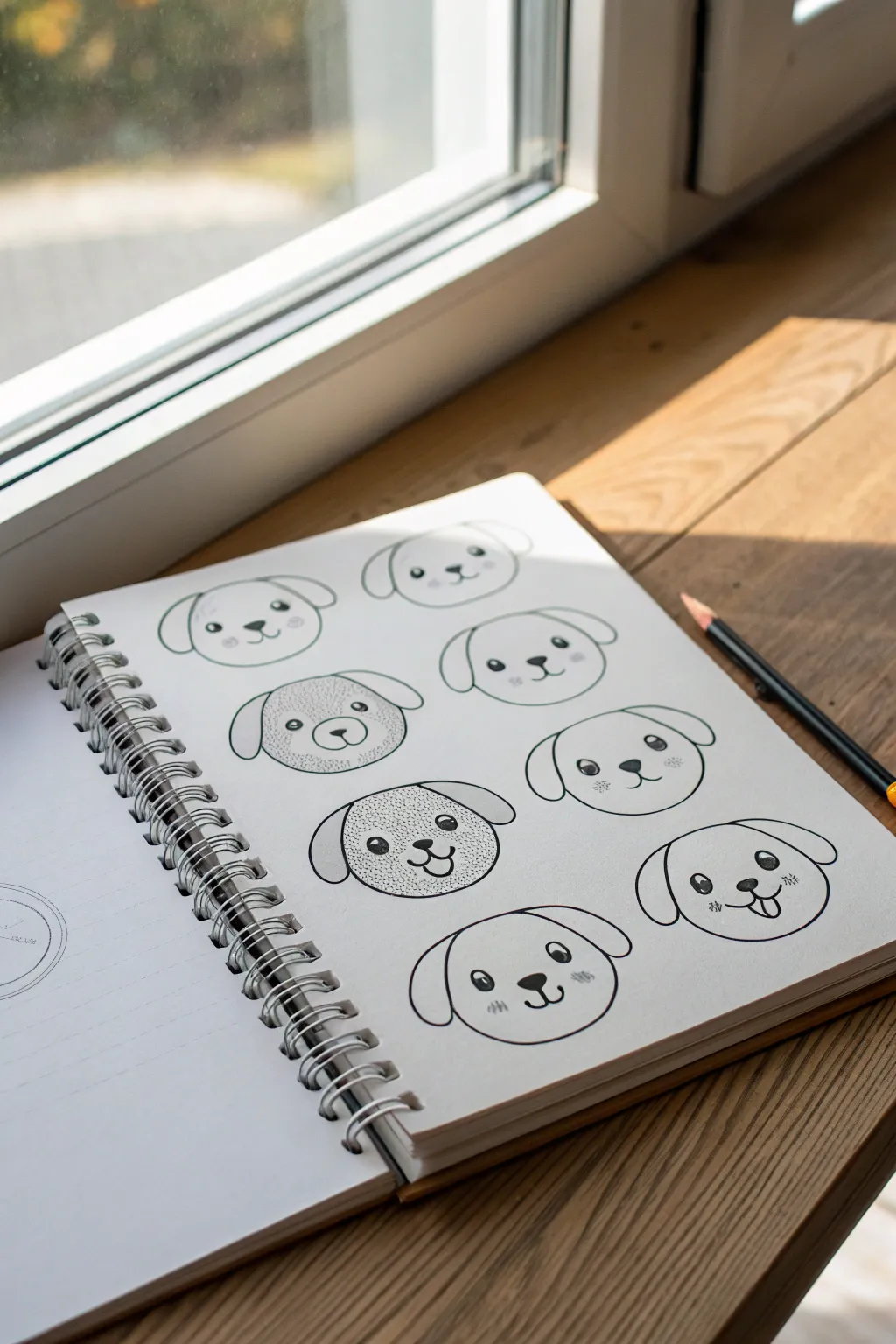 Circle-built puppy faces with cute expressions, perfect for simple minimalist drawing practice.