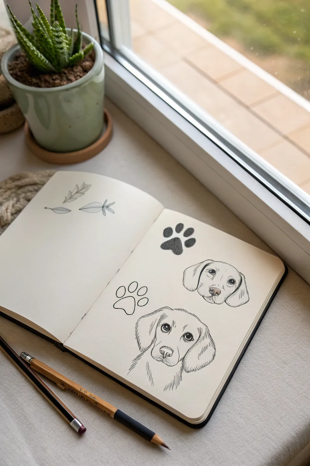 Cute puppy heads with floppy ears and paw prints, clean simple doodles for drawing inspo