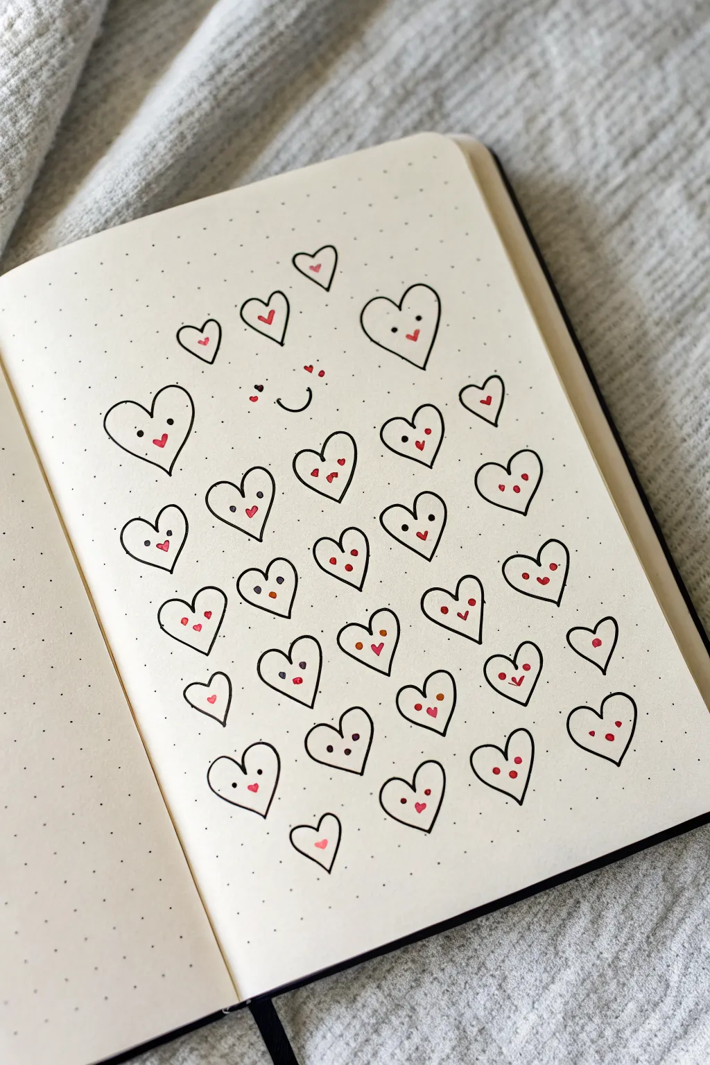 Sticker-like tiny hearts with sweet faces, accented in dusty rose for a soft cute sketch idea.