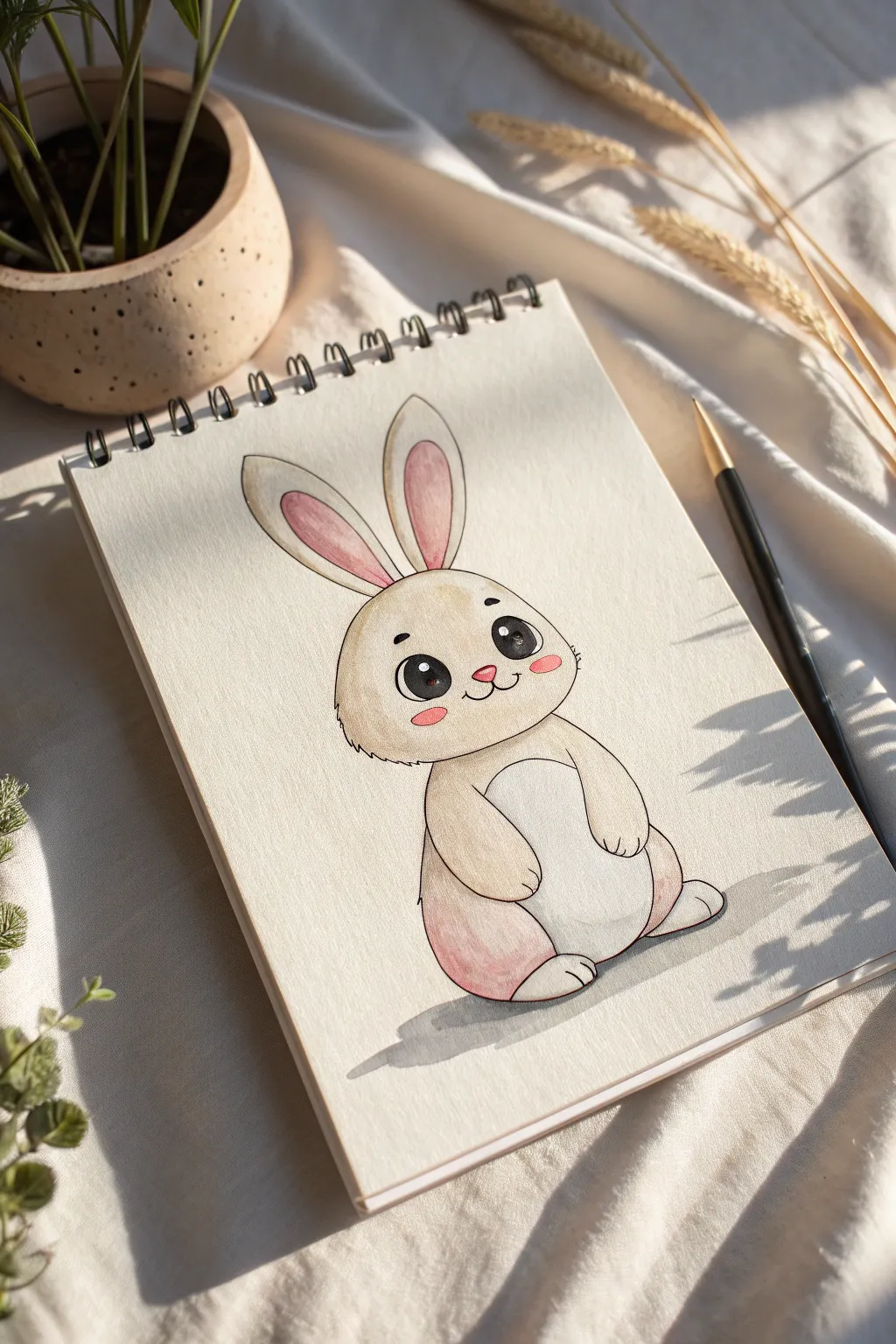 Chubby kawaii bunny pose with rosy cheeks, perfect for cute Easter sketching practice
