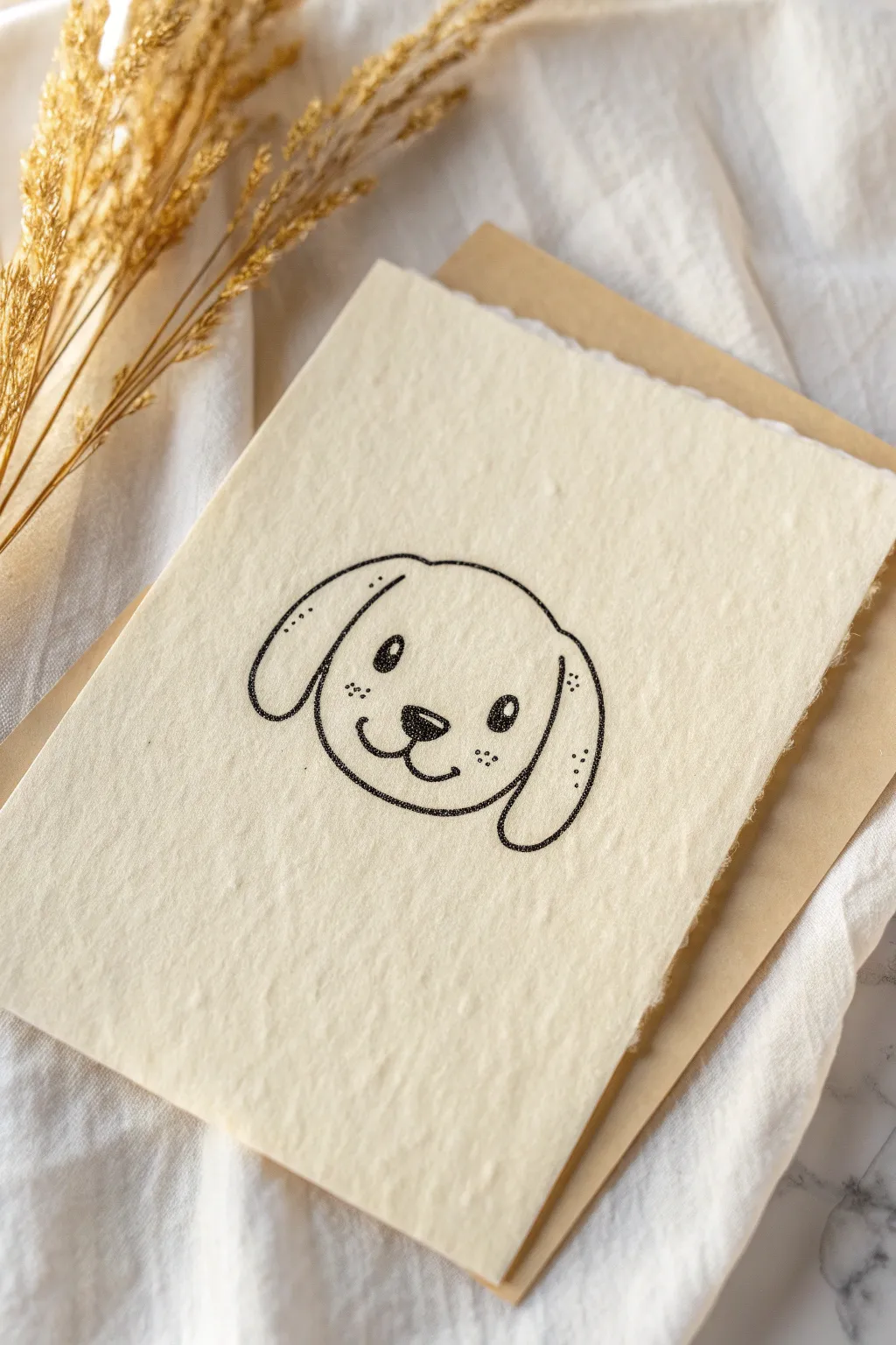 Draw a sweet puppy face with floppy ears using simple circles and cozy minimalist lines.