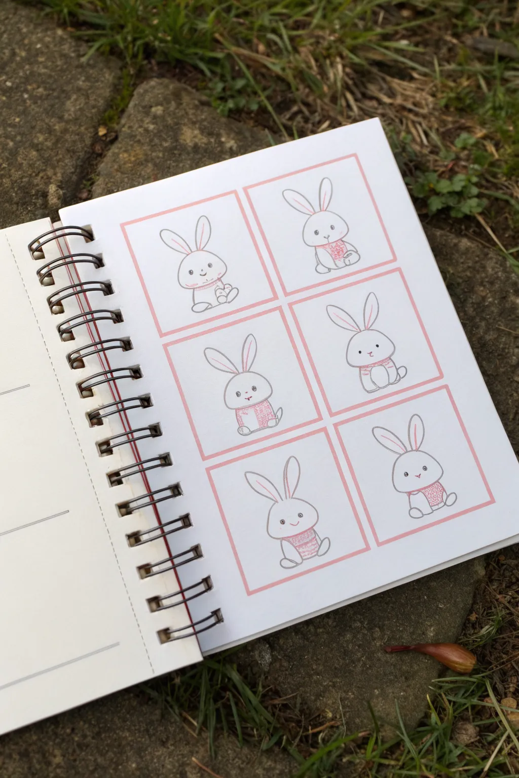 Chubby bunny sitting tutorial: simple boxed steps from oval to ears, paws, and fluffy tail.