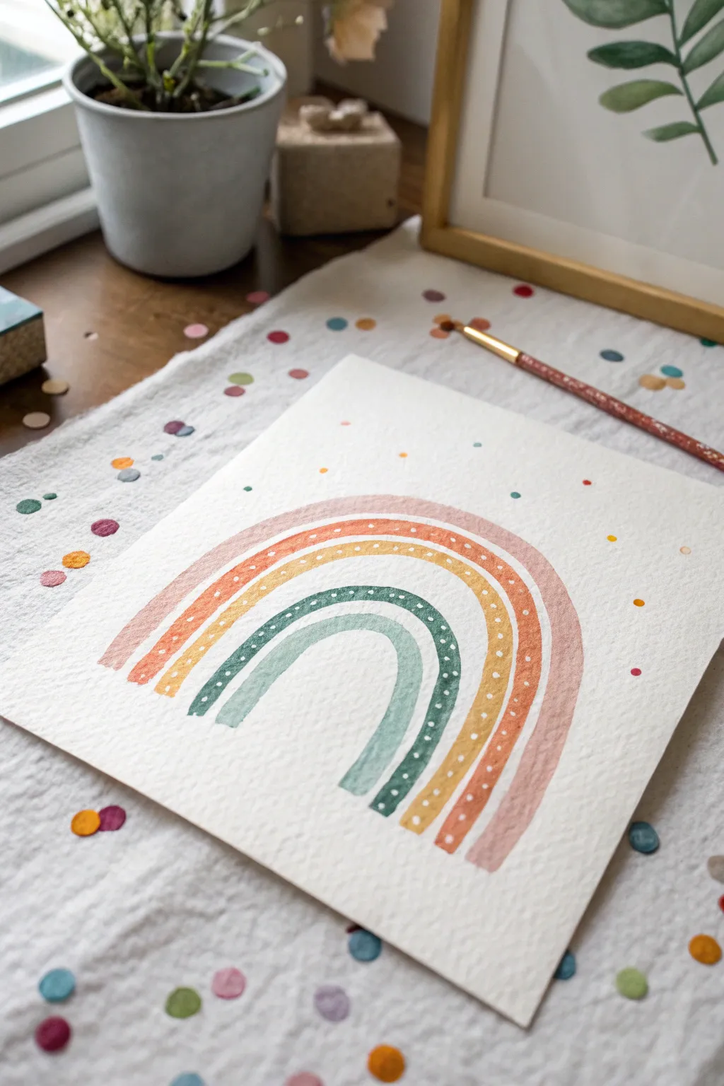 Paint a minimalist rainbow with playful confetti dots, perfect for cute easy art sessions