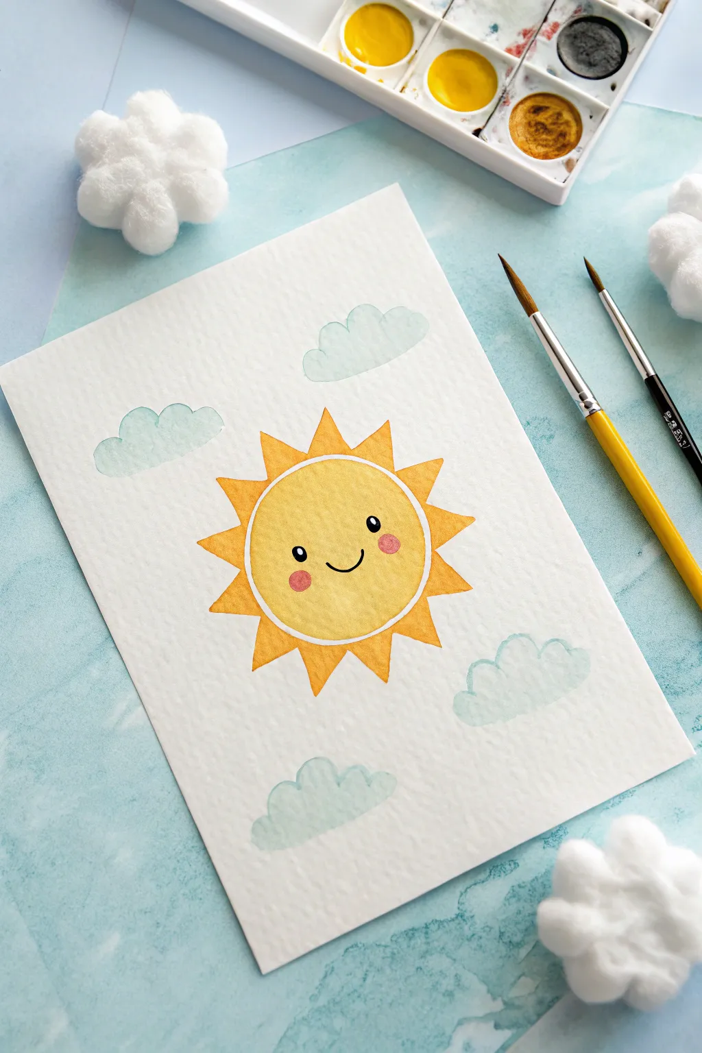 Bright smiling sun and puffy clouds, an easy paper painting idea with soft Scandinavian calm.