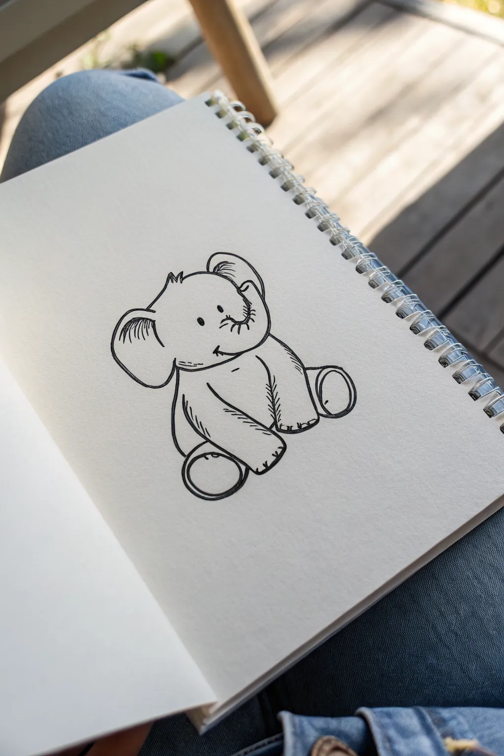 Simple seated teddy-bear elephant pose with clean lines and cozy, minimalist charm