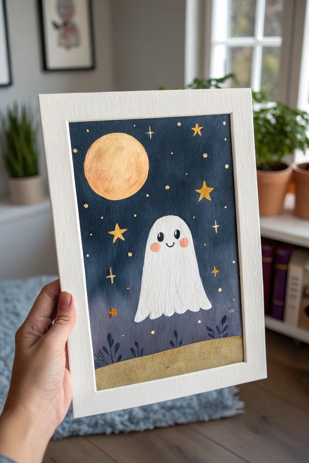A soft glowing ghost beneath oversized stars and a bright moon, perfect for a dreamy night-sky painting