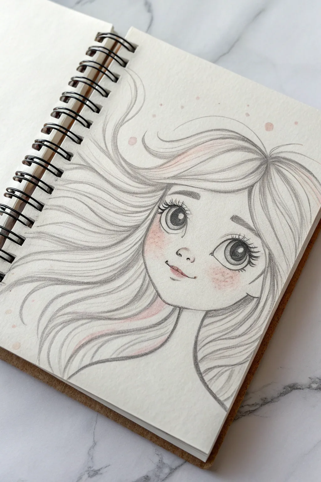 Adorable 3/4 portrait with windblown hair strands and soft shading for a cute hard sketch