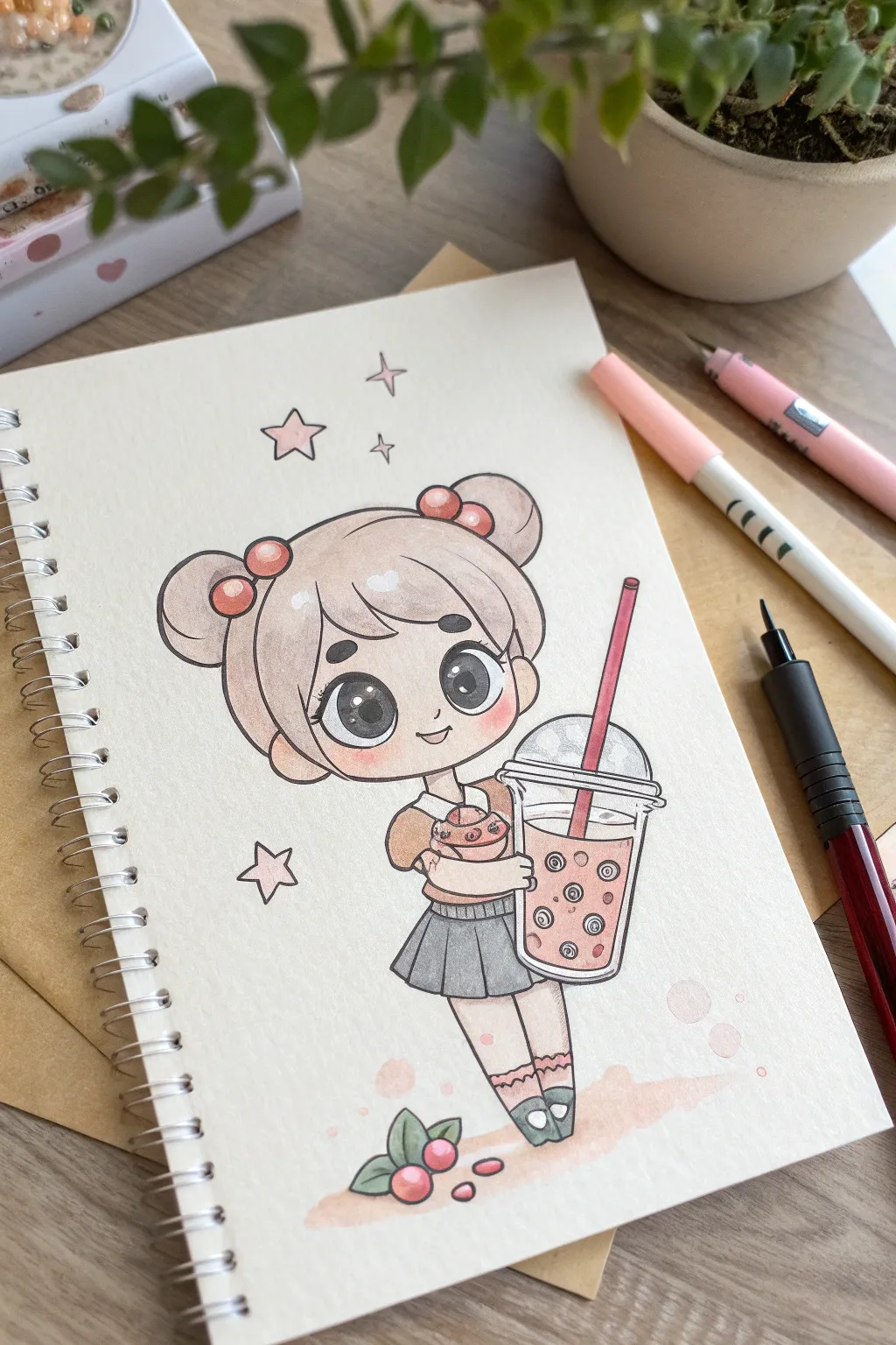 Chibi bubble tea bestie OC in soft pastels, clean lines, and sparkling eyes to draw next