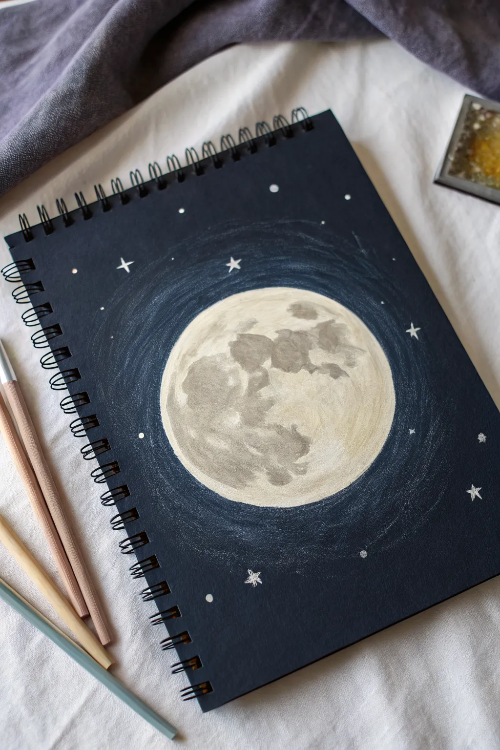 Big glowing moon night sky oil pastel drawing idea with soft blending and tiny star dots.