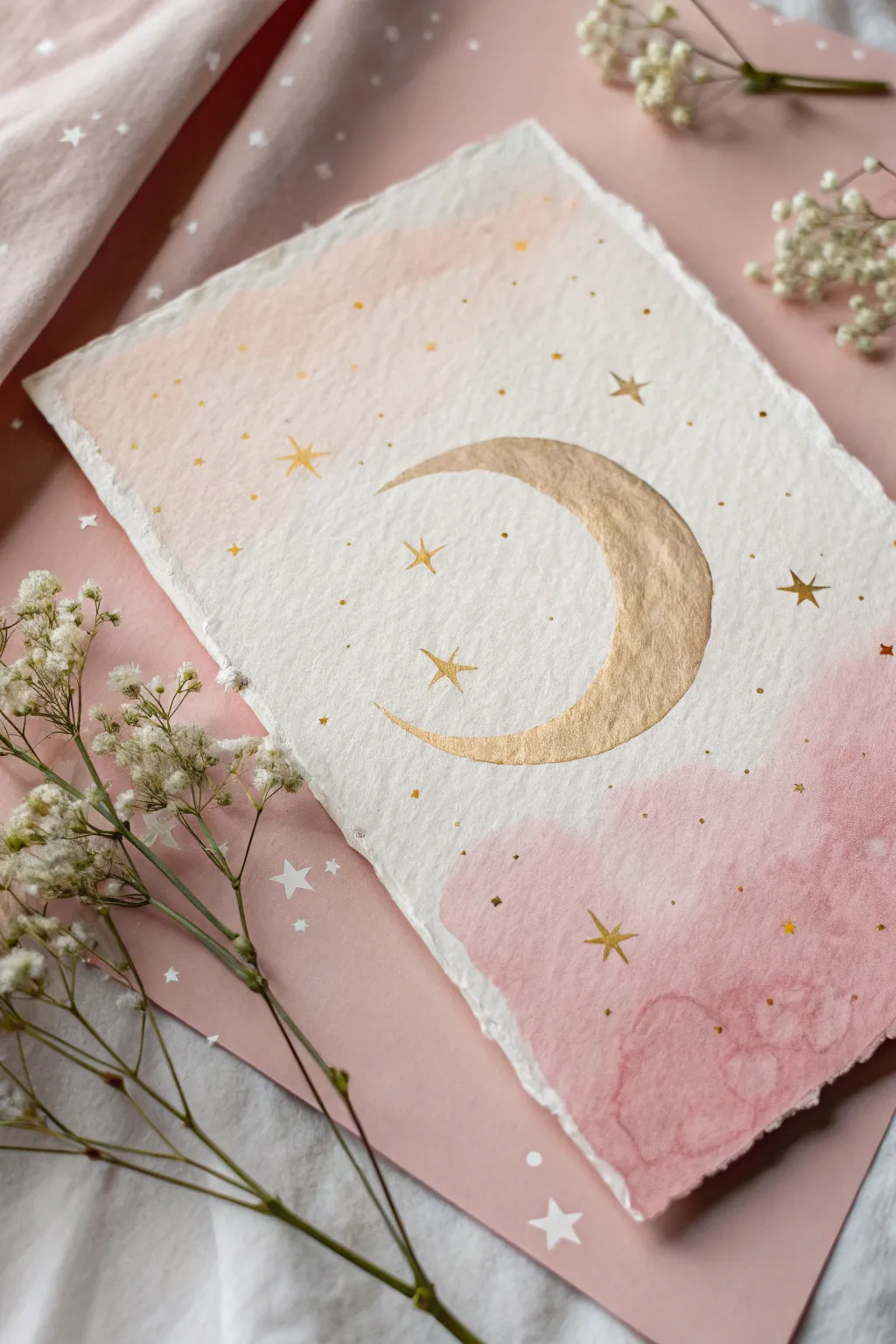 Blushing crescent moon with delicate sparkles, a minimalist watercolor idea that feels soft and glowy