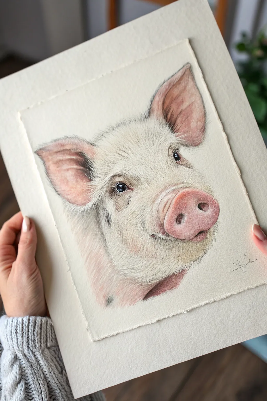 Sweet classic pig face close-up with rosy cheeks, perfect for minimalist watercolor practice