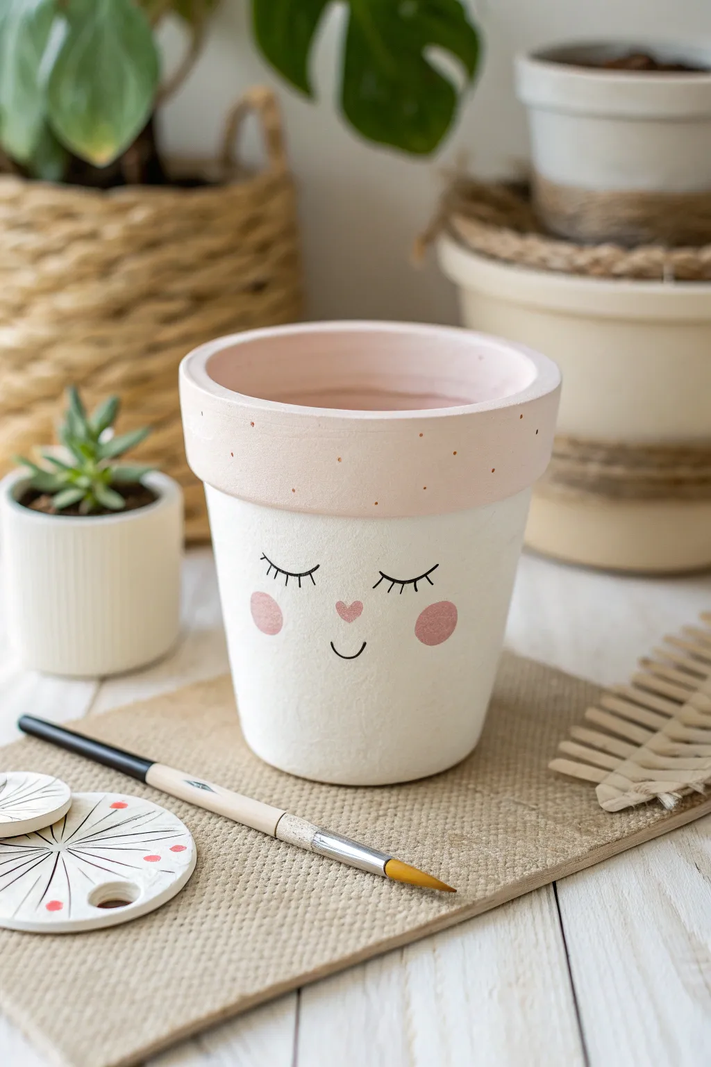 Rosy cheeks and tiny freckles turn a simple pastel pot into the sweetest little character.