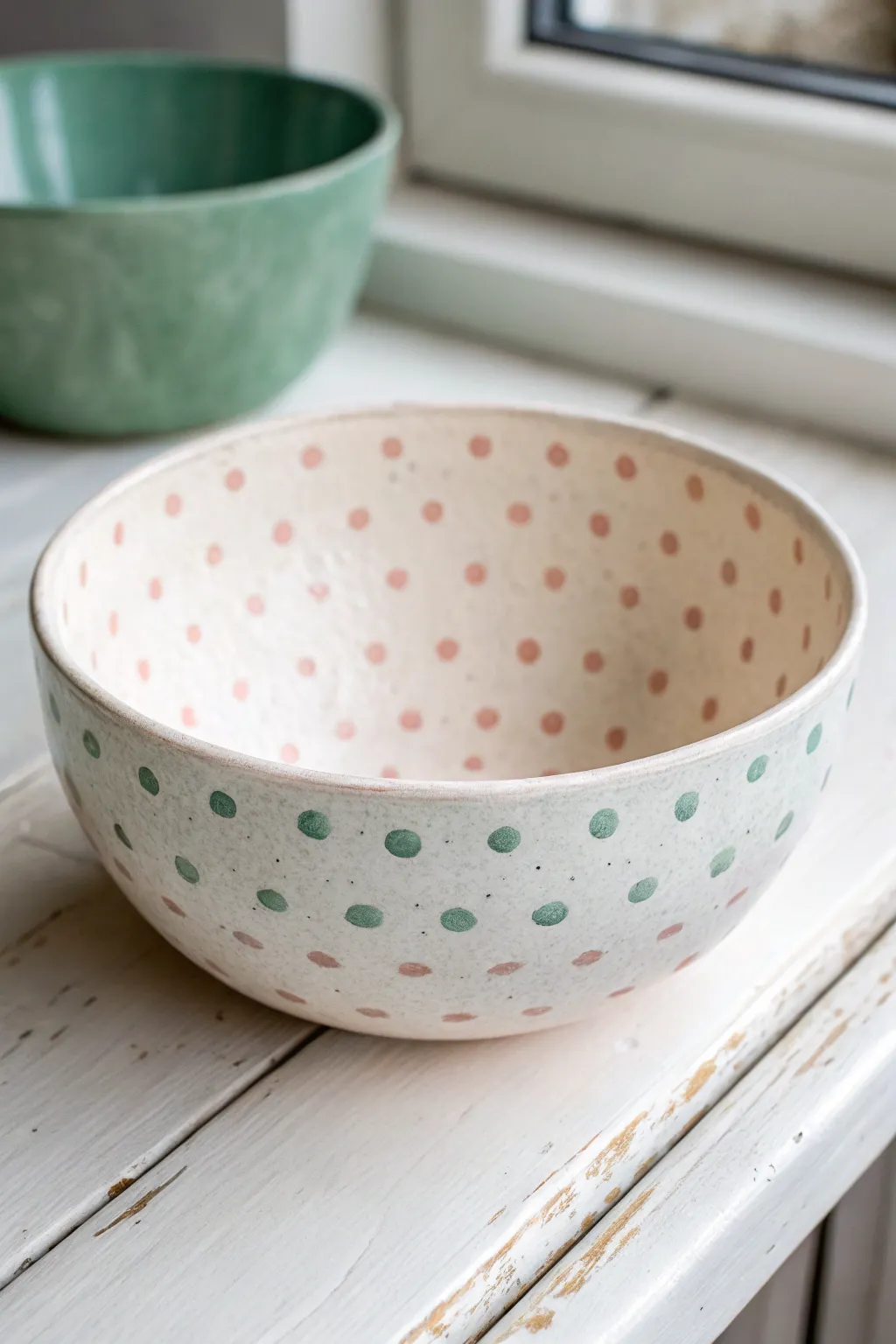 Sweet polka dot sprinkle bowl in pastel blush and sage, a simple DIY pottery painting idea.