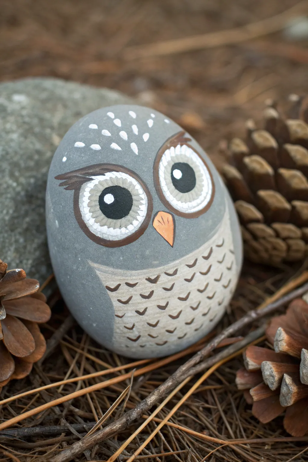 Sleepy owl rock with oversized eyes, nestled in pinecones for a cozy forest vibe