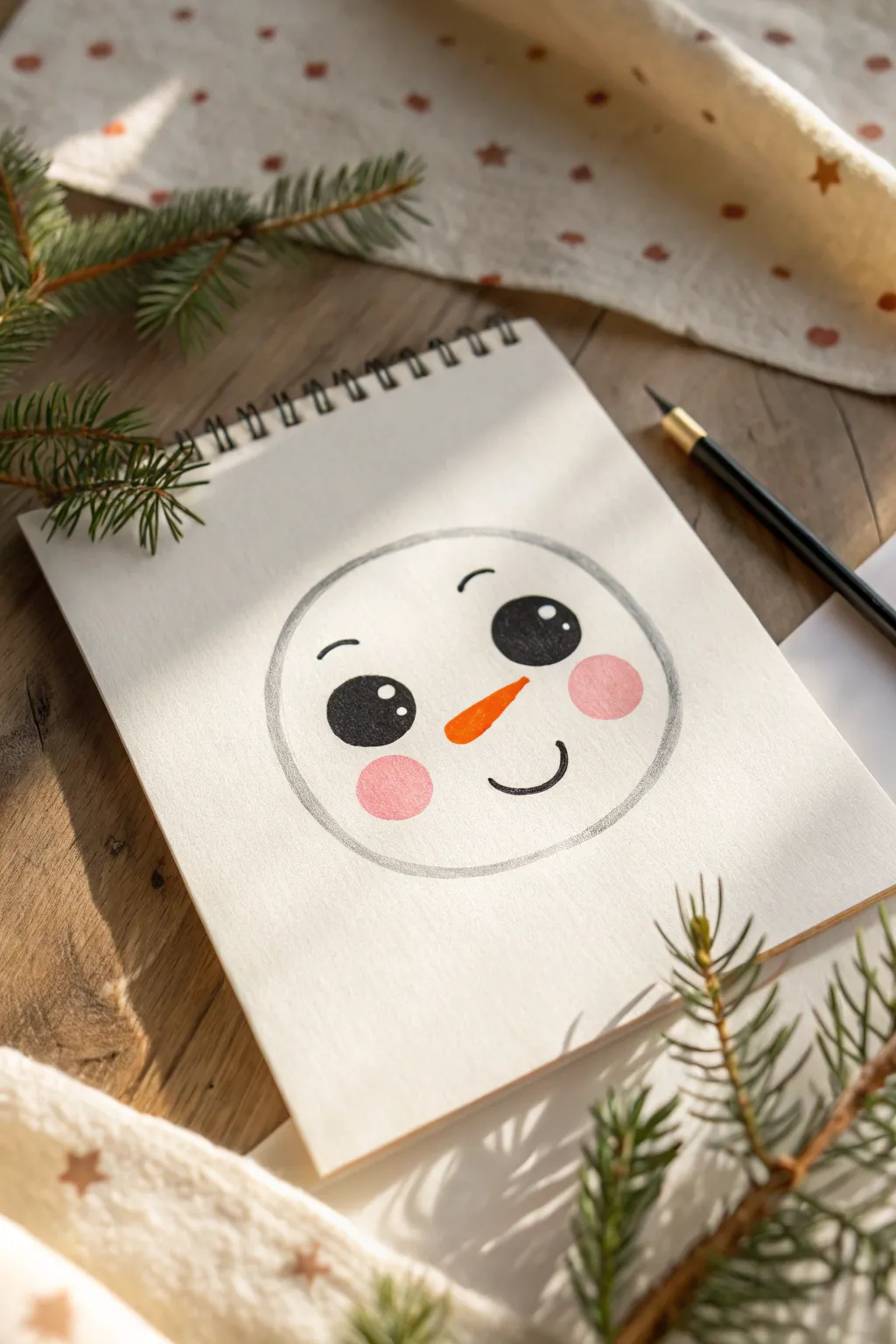 Wide-eyed kawaii snowman face drawing idea with rosy cheeks and a sweet tilted carrot nose