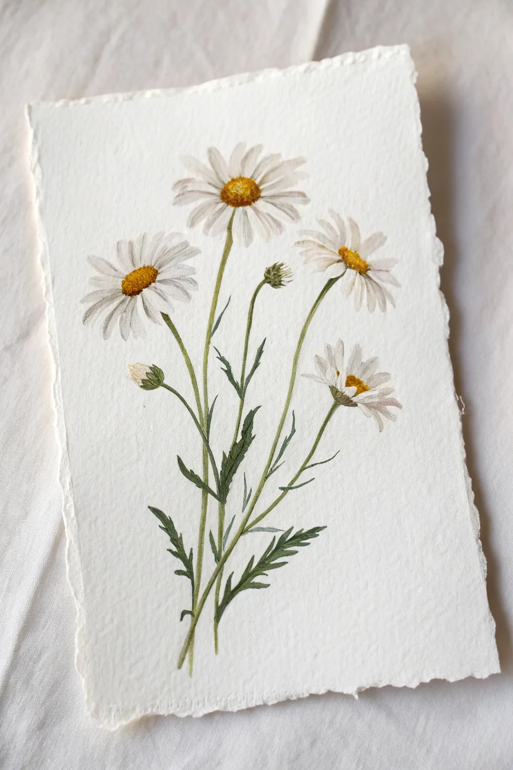 Three overlapping daisies in varied sizes for a balanced odd-number cluster, clean and calm.