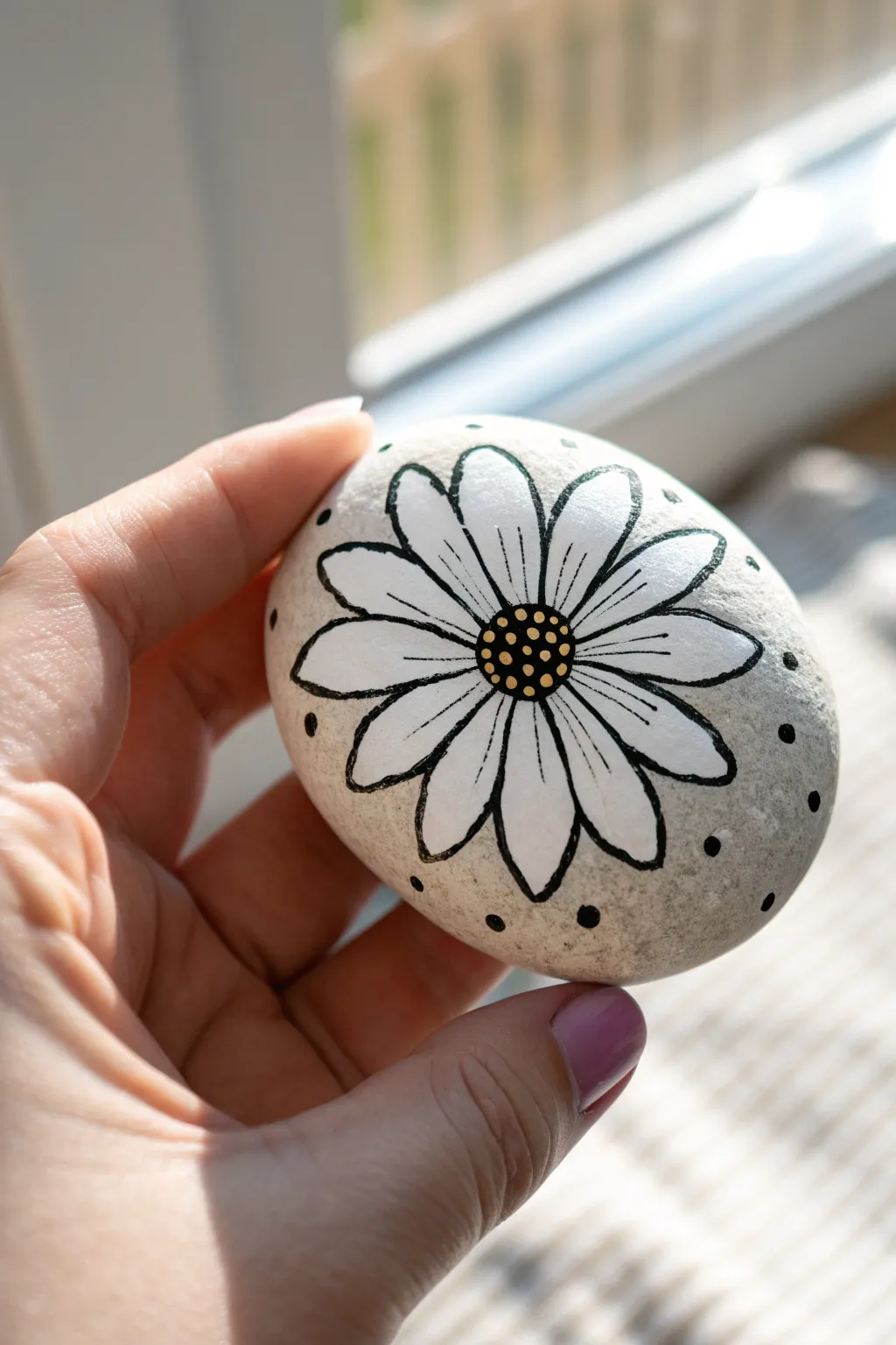 Classic white daisy rock with black outline and tiny dots, clean minimalist craft inspiration