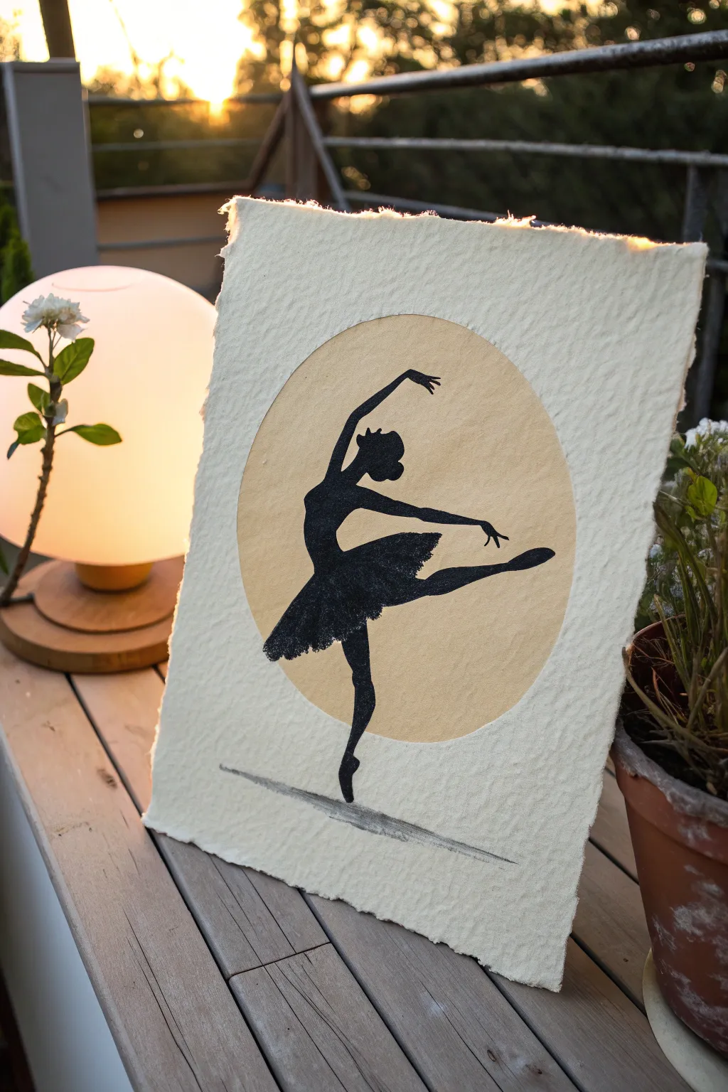 Minimalist dance art: a bold black dancer silhouette centered under one warm spotlight circle