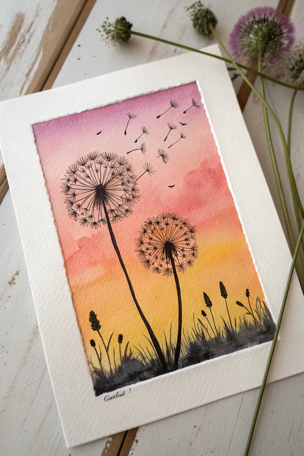 Two dark dandelion silhouettes on a warm sunset gradient, with drifting seeds for serene minimal boho.