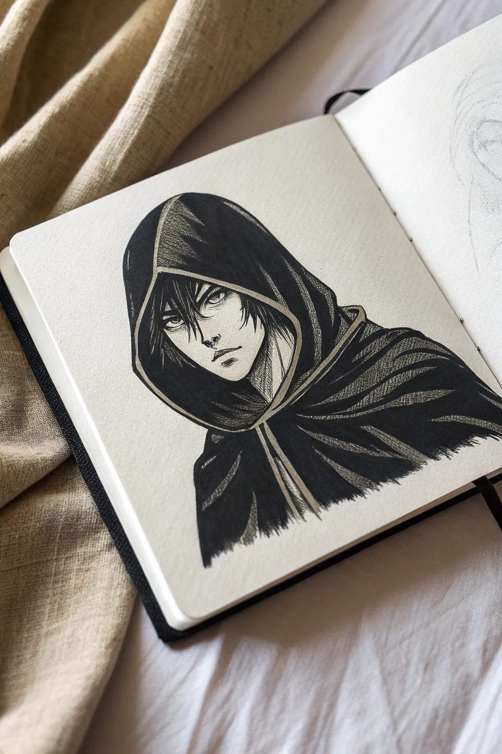 Shadowed hooded antihero sketch with subtle rim light, minimalist boho mood and bold contrast