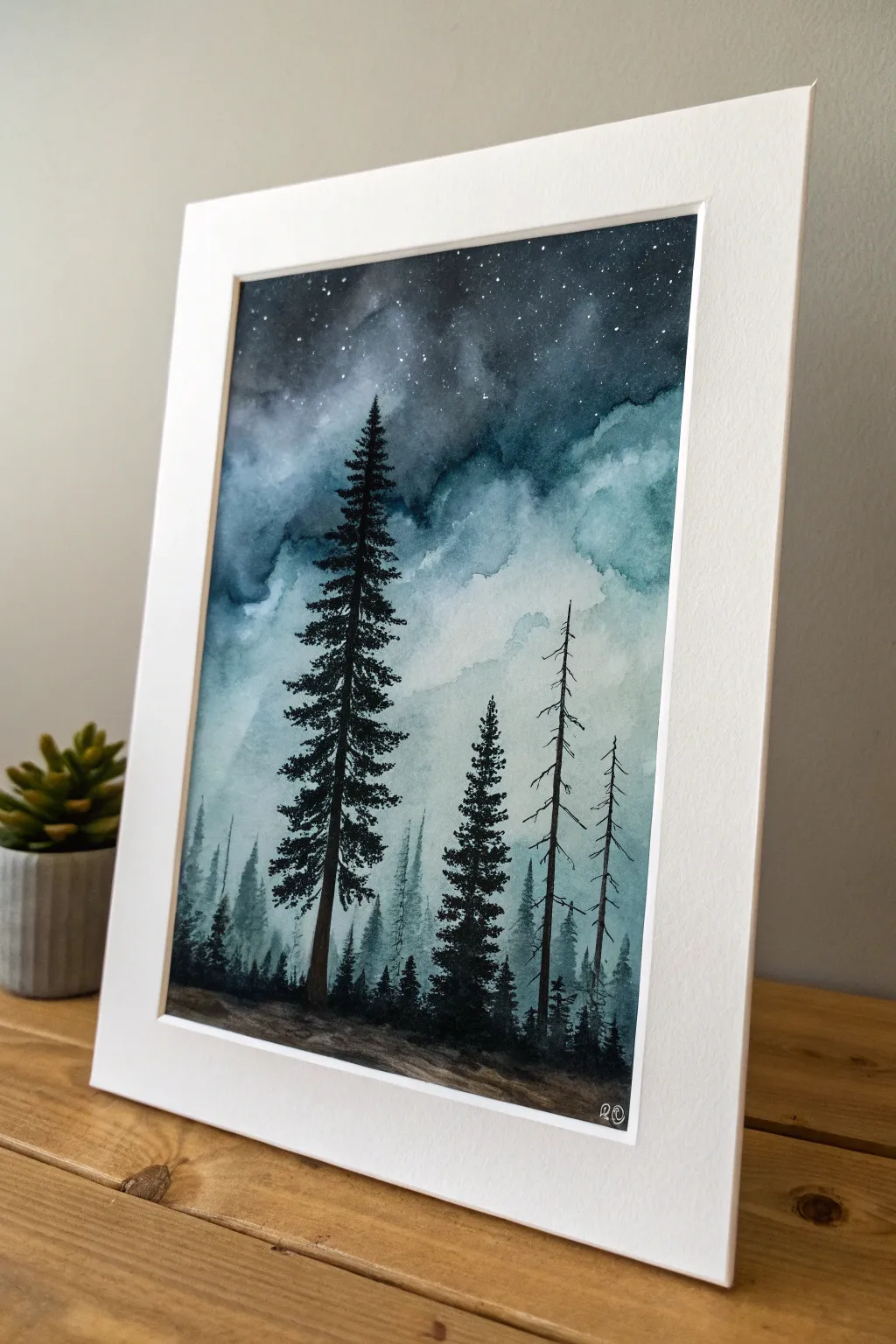 High-contrast pine silhouettes under a stormy night sky, a minimalist dark painting idea.
