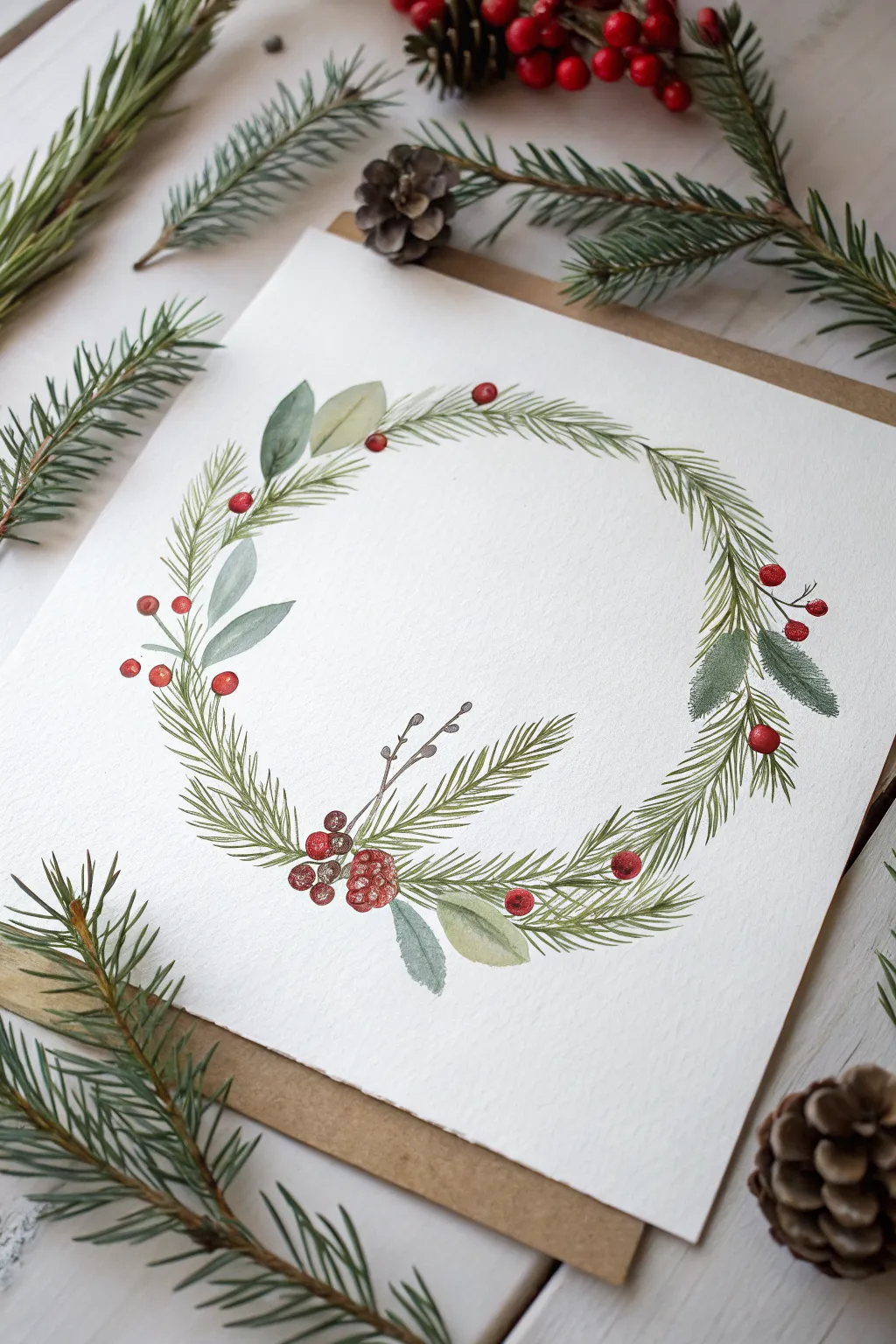 Minimal December wreath frame with pine and berries, perfect for cozy winter sketchbook pages