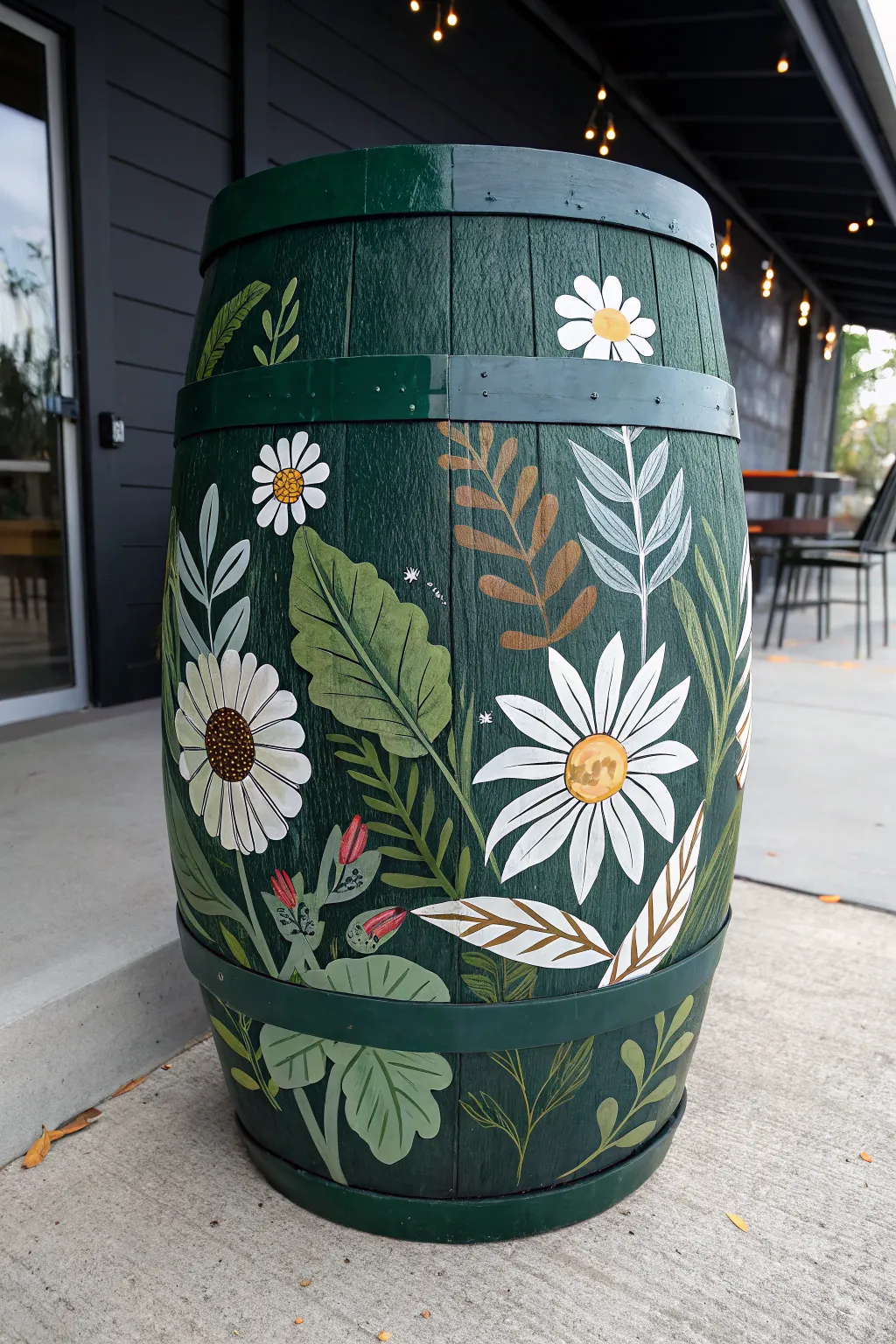 Cheerful floral-painted garden barrel on a minimalist patio with warm terracotta accents
