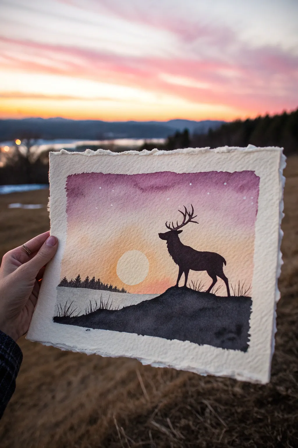 Minimal deer silhouette on a hill, set against a glowing peach to deep purple sunset gradient
