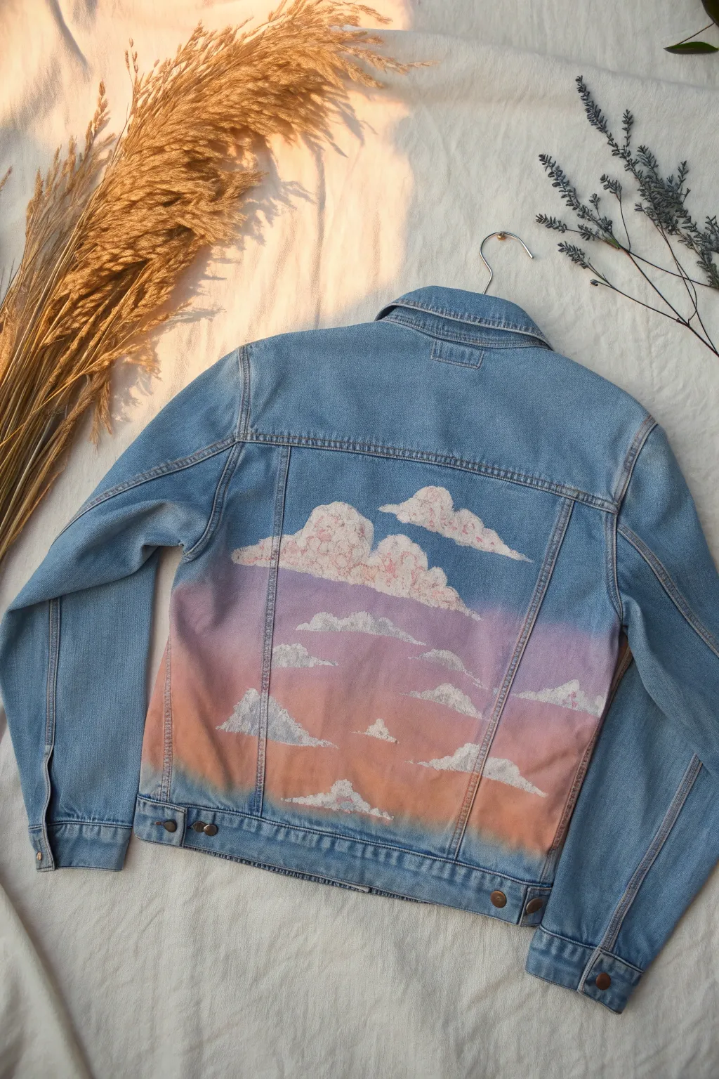 Soft sunset cloud gradient on a denim jacket back panel, minimalist boho craftsmanship inspiration
