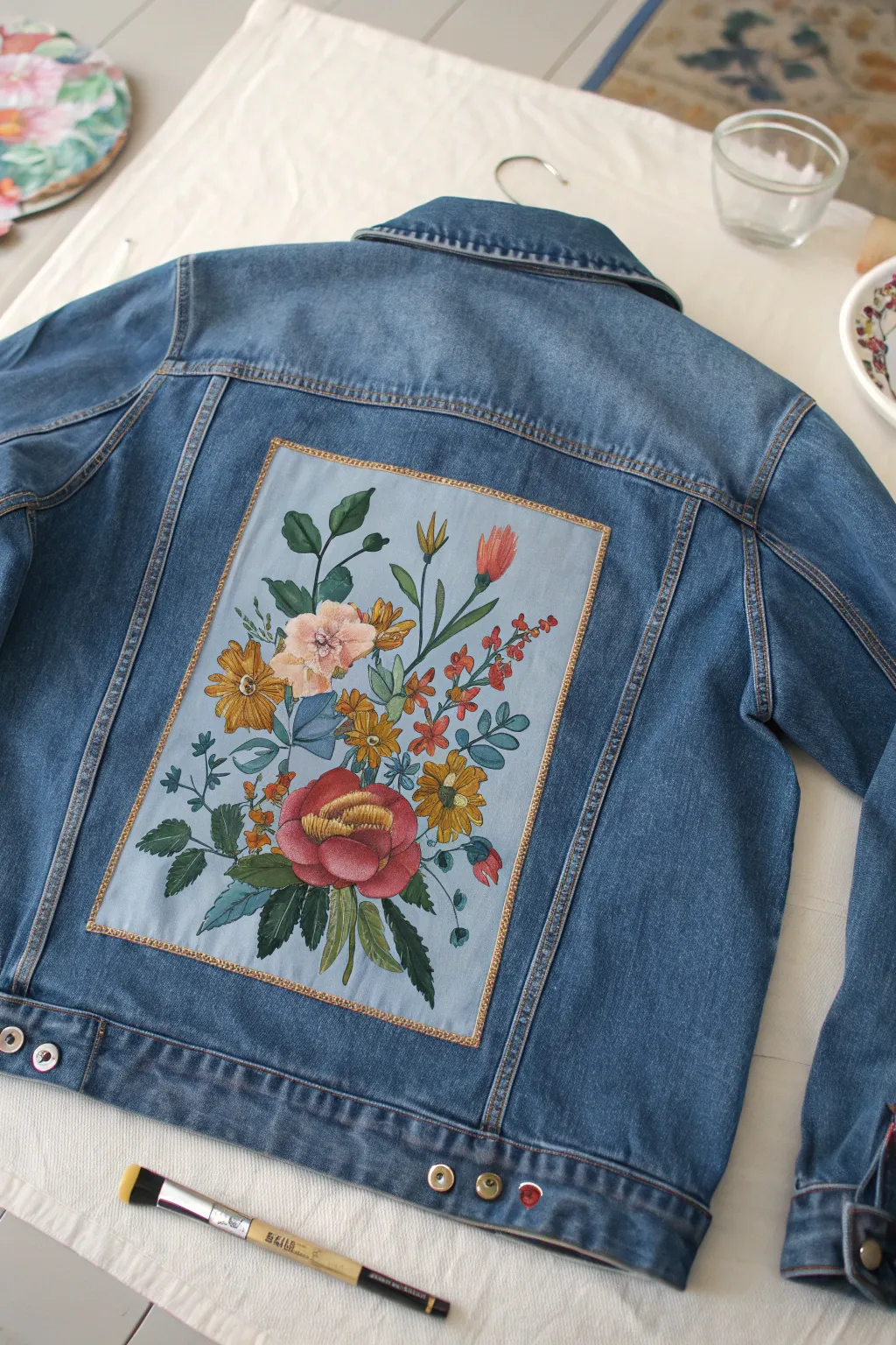 Big back-panel bouquet on denim, showing pencil sketch lines and fresh paint in progress