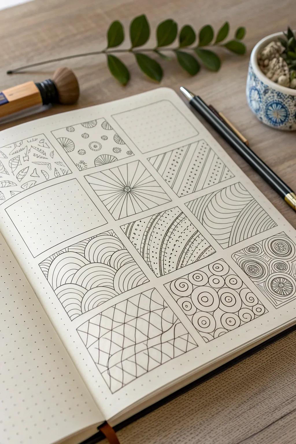 Pattern grid sampler page with bold ink textures, minimalist Scandinavian vibe for drawing ideas.
