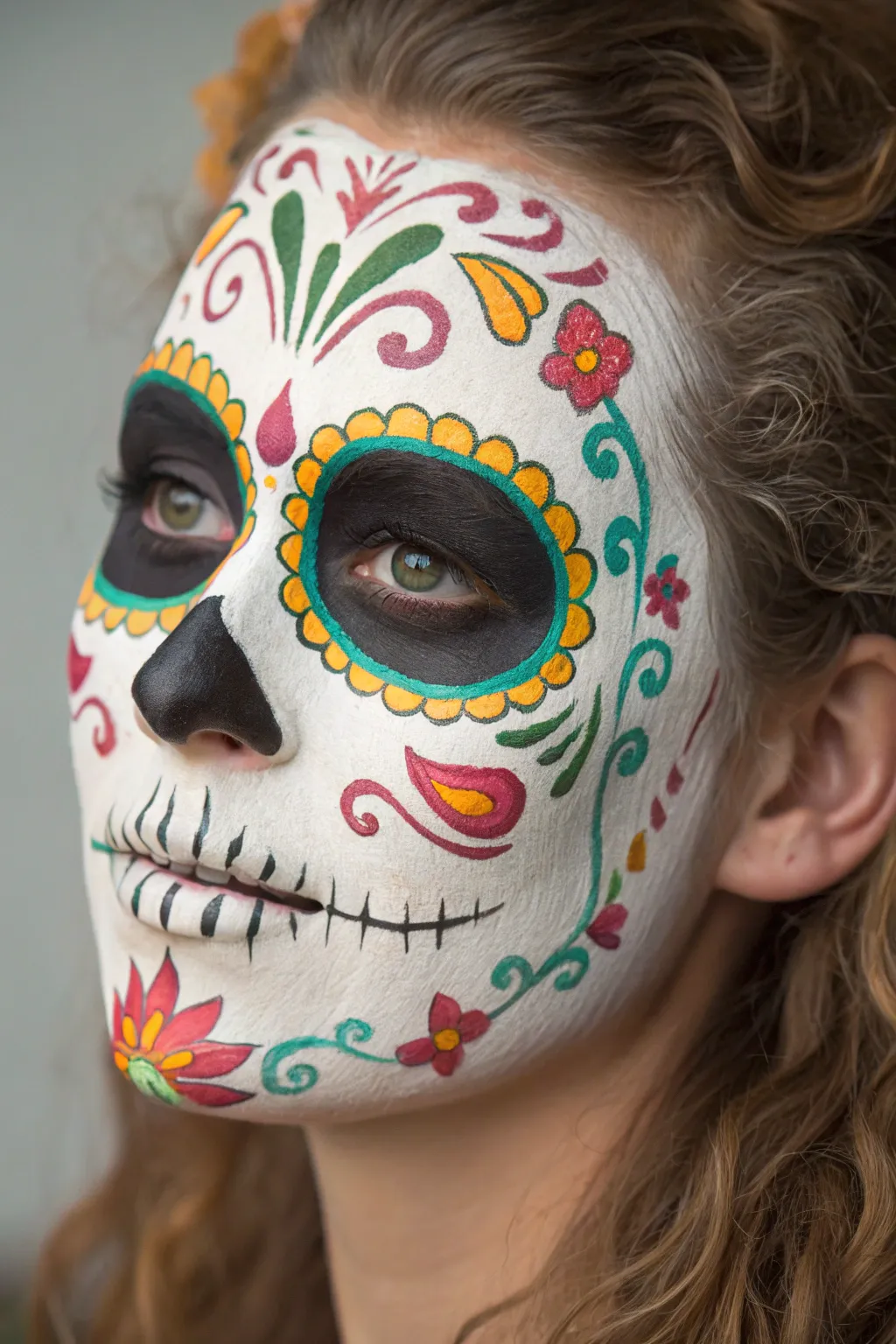 Traditional calavera face paint with bright filigree curls on a clean skull base, bold and feminine