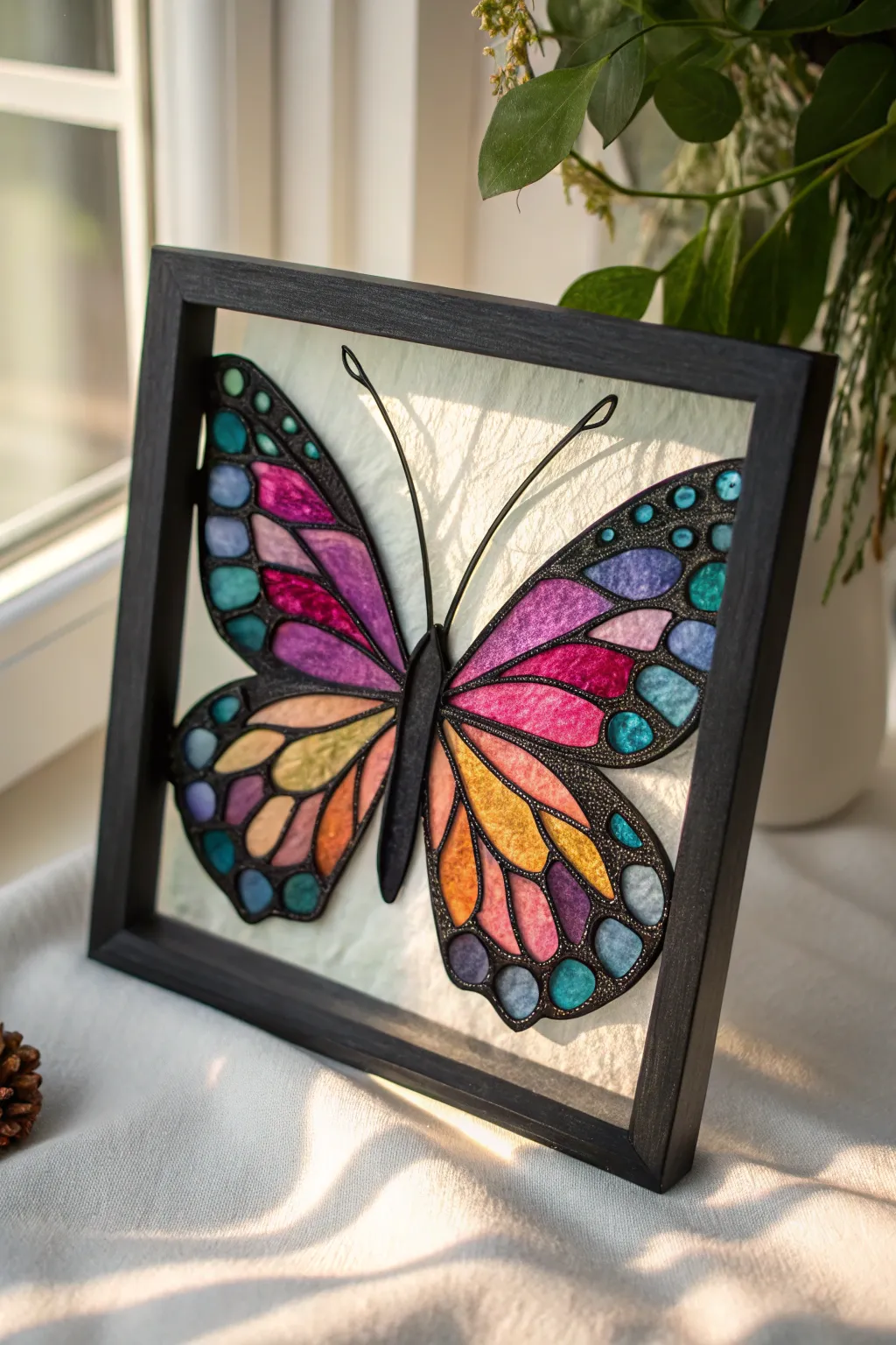 Stained glass style butterfly diamond painting with bold outlines and jewel toned sparkle