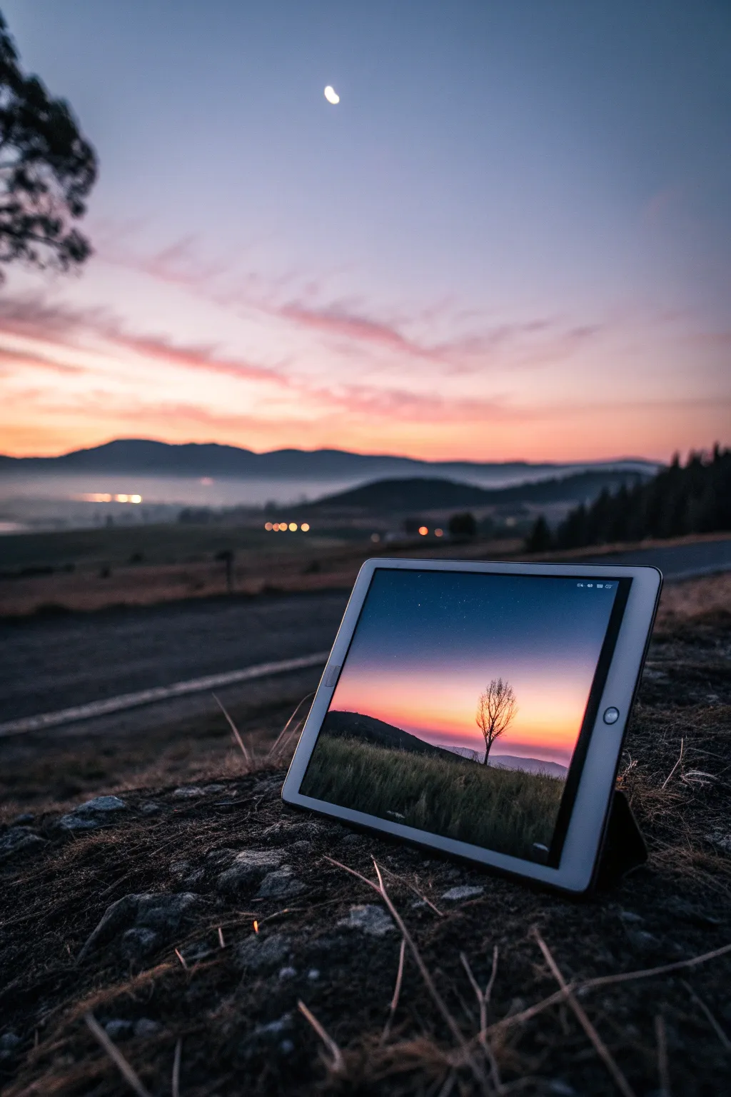 Twilight gradient sky landscape on a clean tablet screen, minimal, calming, beginner friendly.