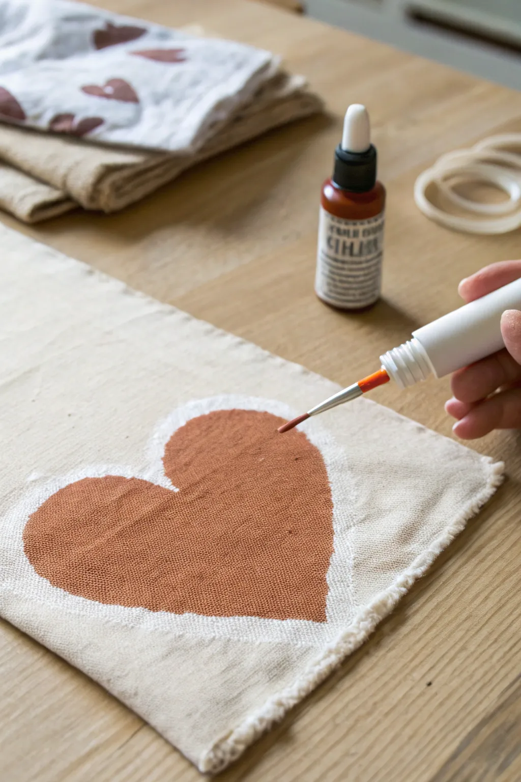 Dimensional puffy paint heart in progress, raised outline above a flat color fill on linen.