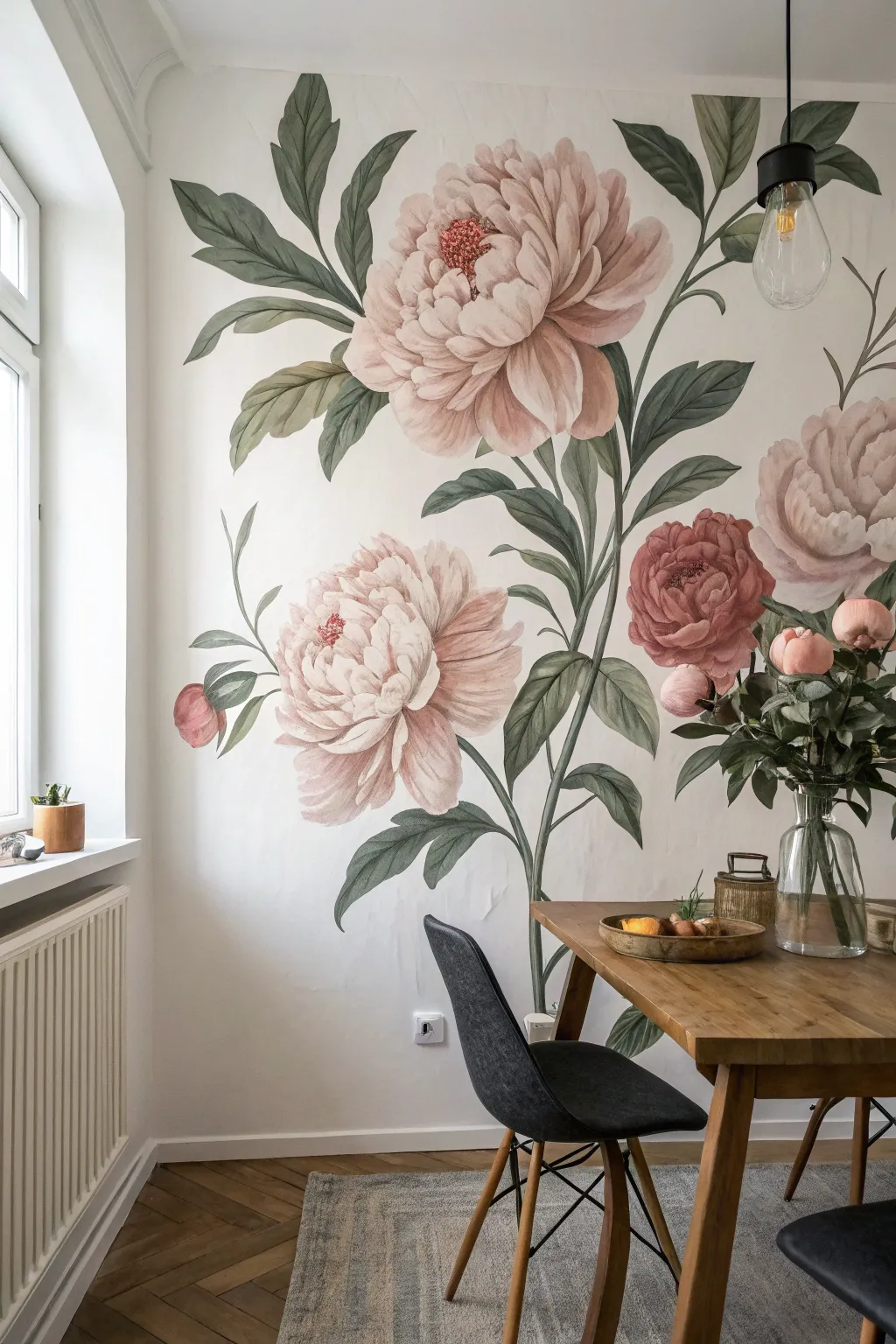 Oversized botanical blooms mural that turns a simple dining space into a dramatic focal point