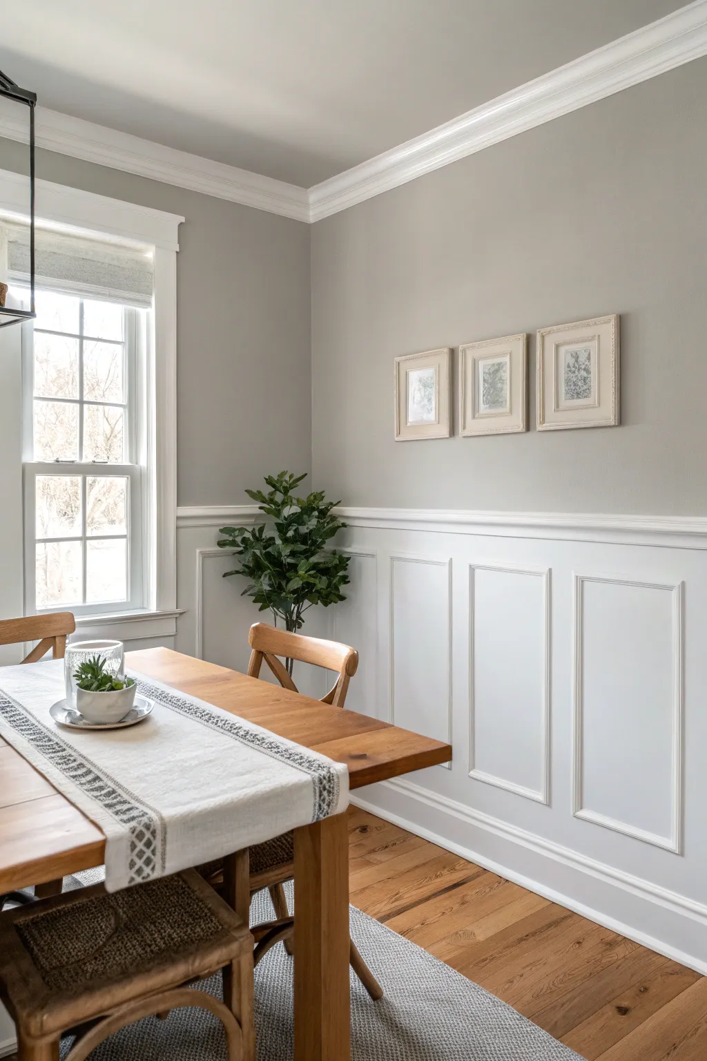 Soft greige walls with crisp white trim create relaxed dining room elegance with subtle contrast