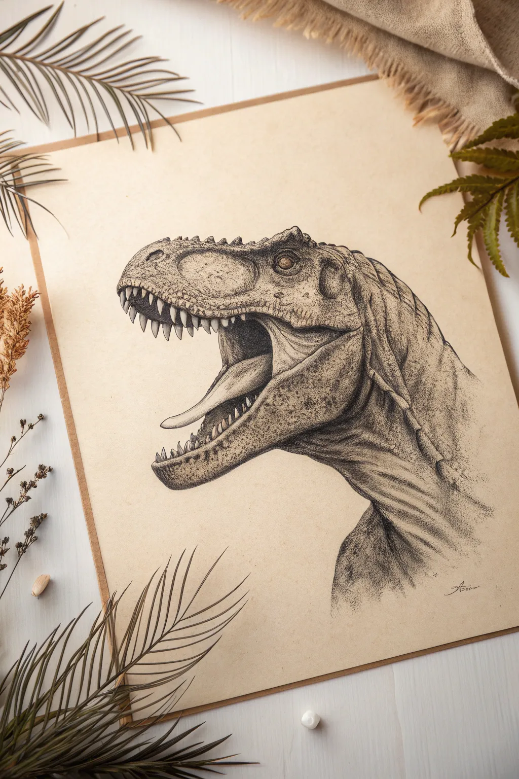 Roaring T-Rex head study with bold teeth and dramatic shading, in a minimalist Nordic style