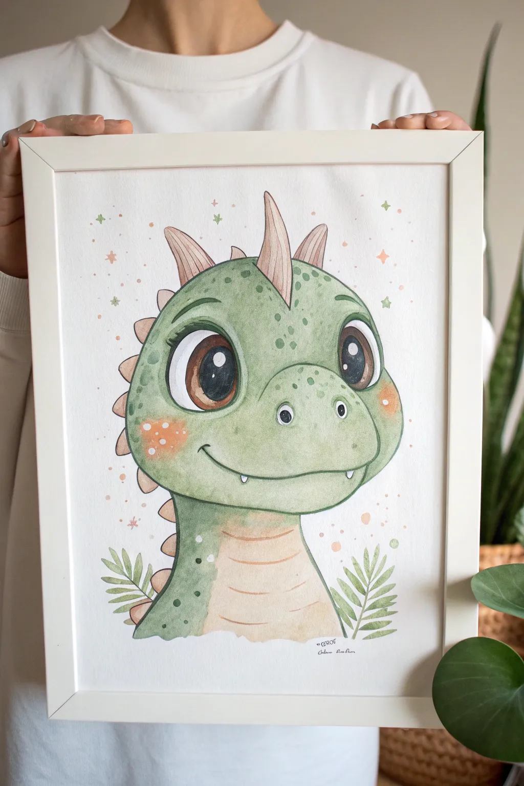 Paint a sweet baby dino portrait with big eyes for modern minimalist nursery wall art