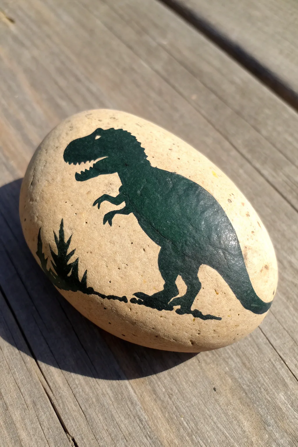 Simple T-Rex side profile rock painting with a bold silhouette on an oval stone, calm boho minimal.