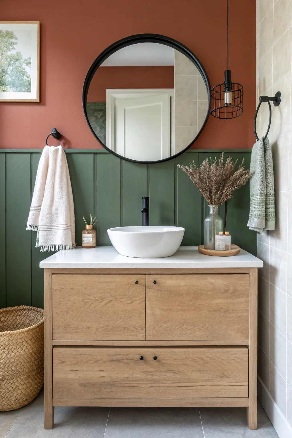 Bold accent wall behind the vanity, neutral surrounds, and simple hardware for DIY bathroom charm