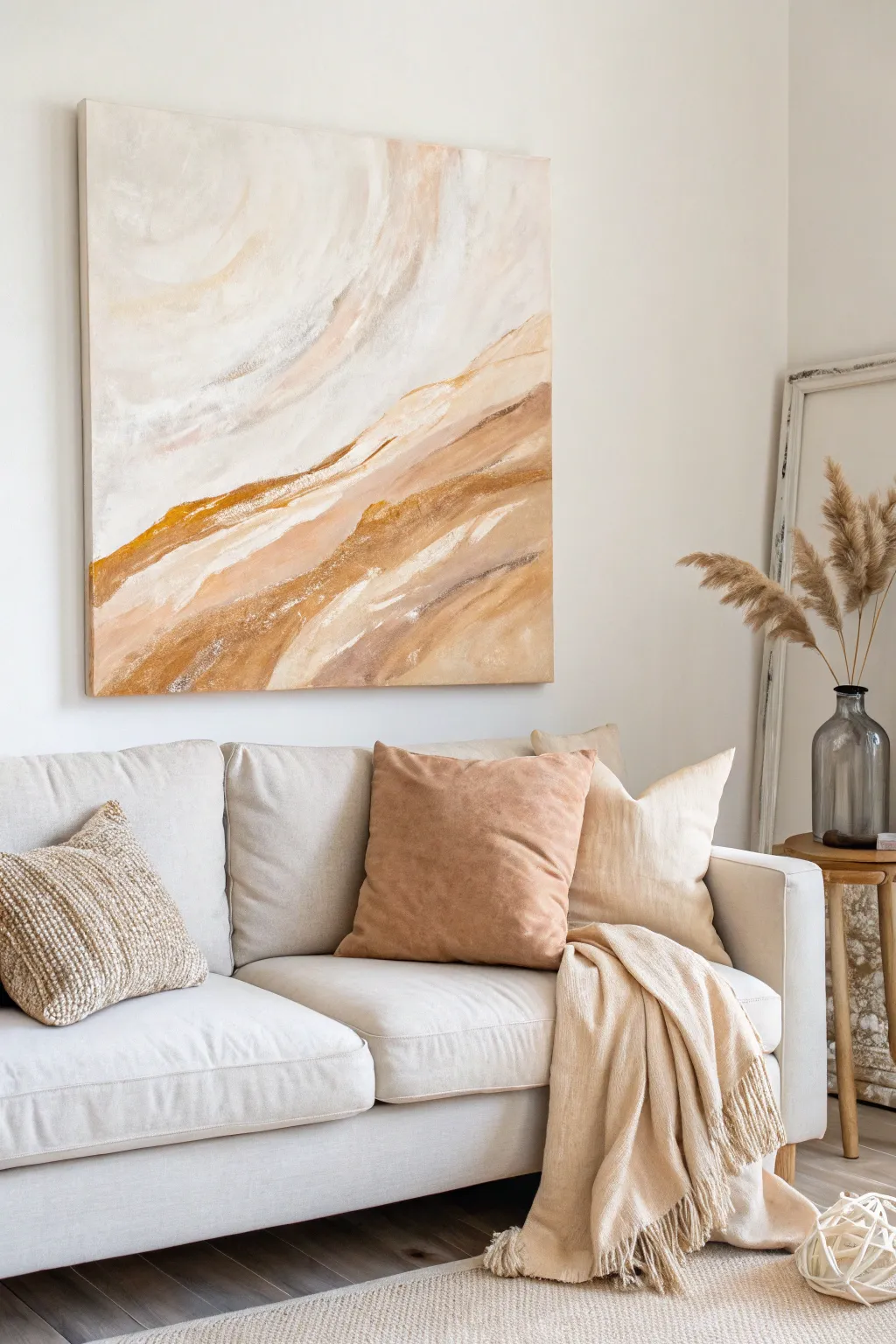 Soft beige abstract canvas above the sofa, Scandinavian minimalism with cozy boho linen textures