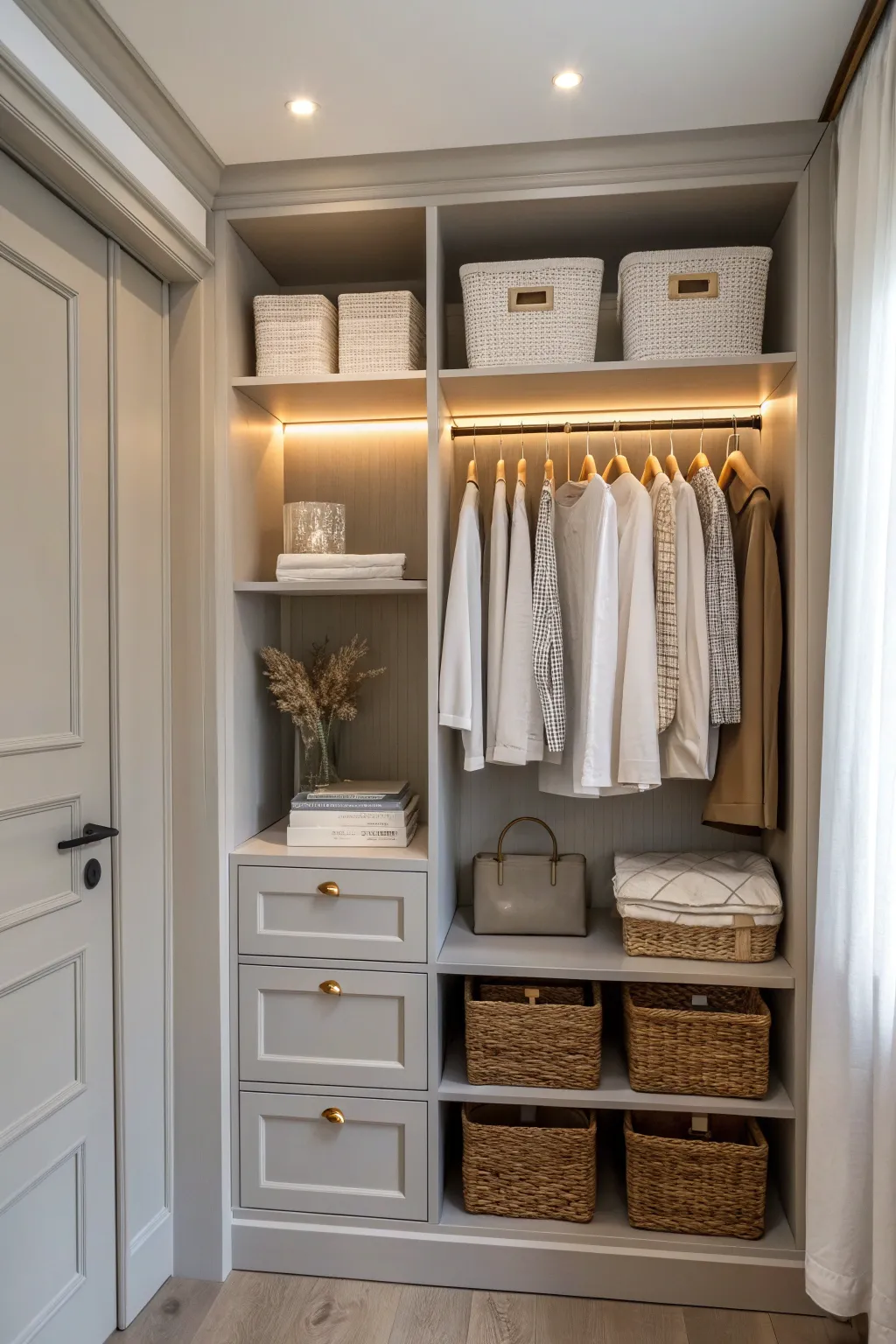 Soft greige closet refresh with clean white bins and curated neutrals for a calm boutique vibe.