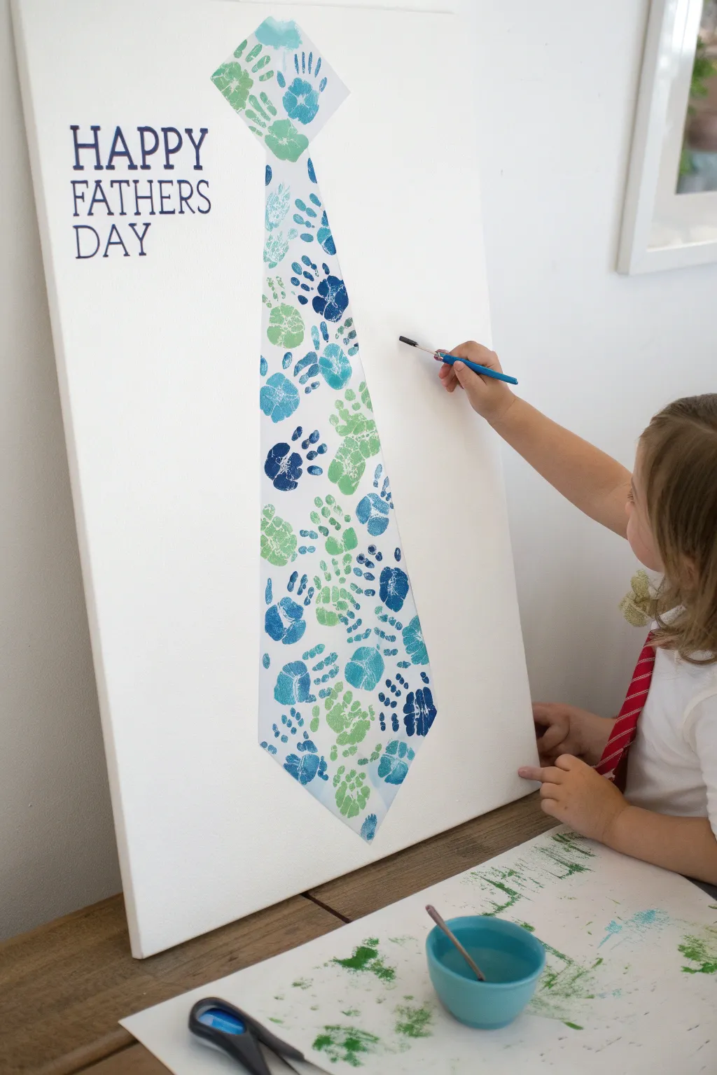 DIY handprint tie canvas in serene blues and greens, minimalist boho craft for a heartfelt Fathers Day