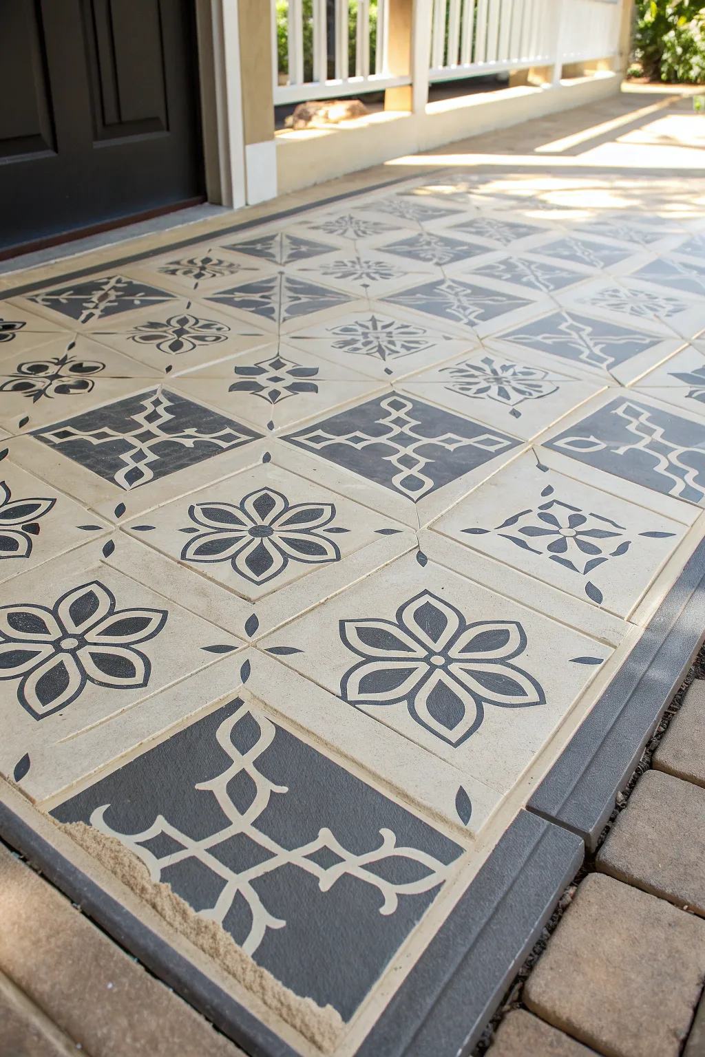 Bold faux-tile stencil on concrete, with mylar stencil lifted to reveal crisp pattern