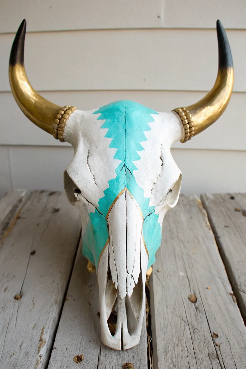 Turquoise and gold color blocking on a cow skull for a chic minimalist boho statement.