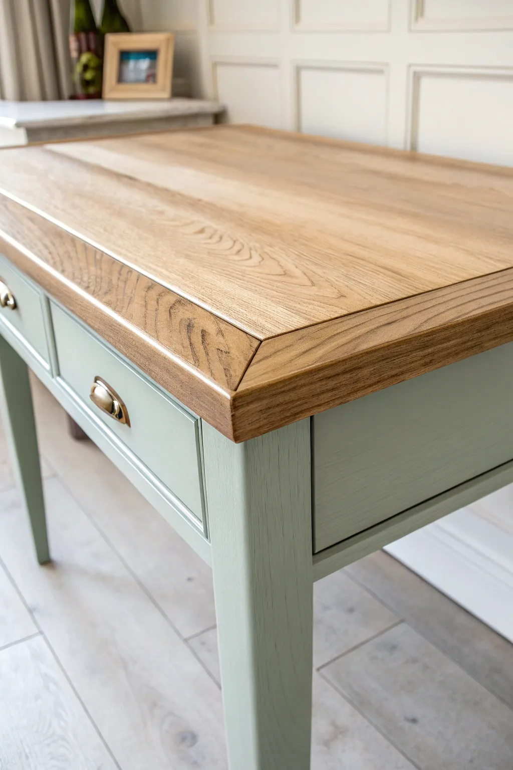 Two-tone DIY desk: softly painted base paired with a warm wood top and a subtle glossy grain.
