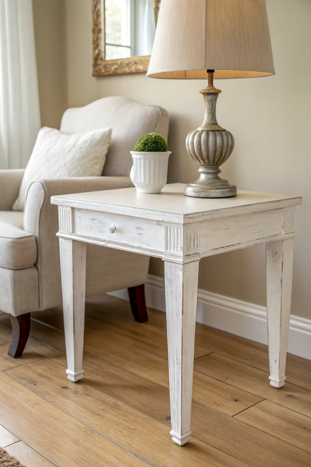 Bright white paint transforms a simple end table into a crisp, airy Scandinavian corner.