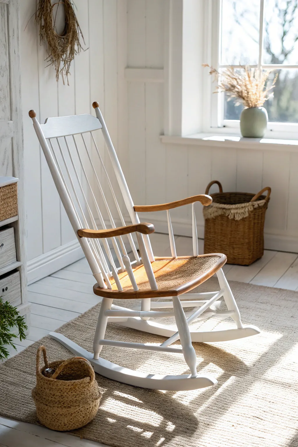 Crisp white rocking chair with a natural wood seat for a bright, airy Scandinavian look